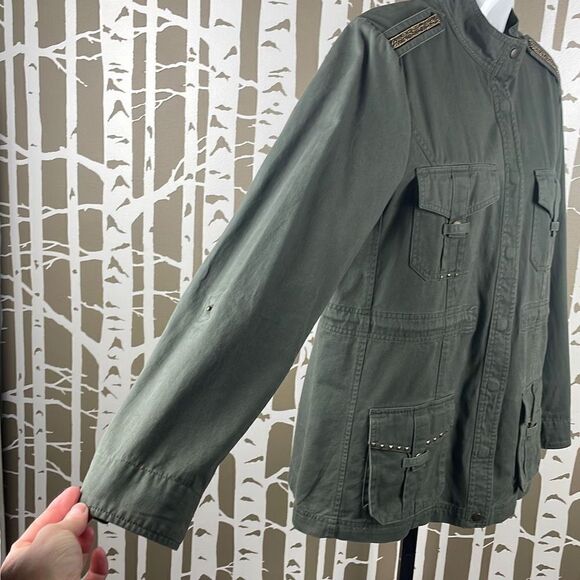 Democracy Olive Green Studded Lace Back Accent Cargo Jacket sz M - Picture 2 of 10